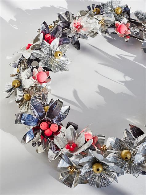 image of christmas wreaths made with metallic fabric|metal floral wreath.